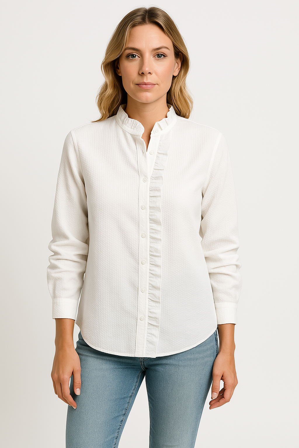 Blouse femme – Coupe ample – Manches longues – Boutons et volants