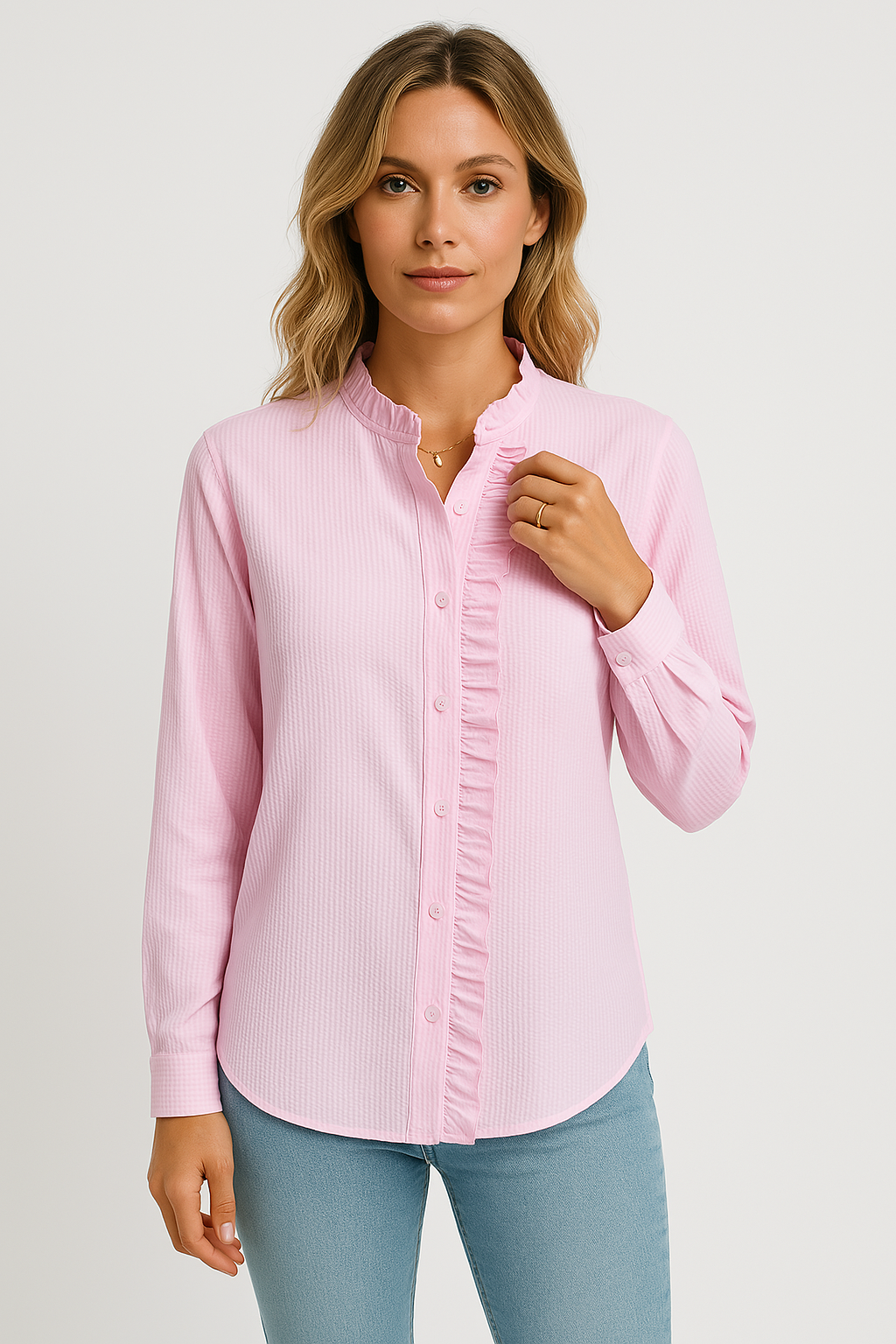 Blouse femme – Coupe ample – Manches longues – Boutons et volants