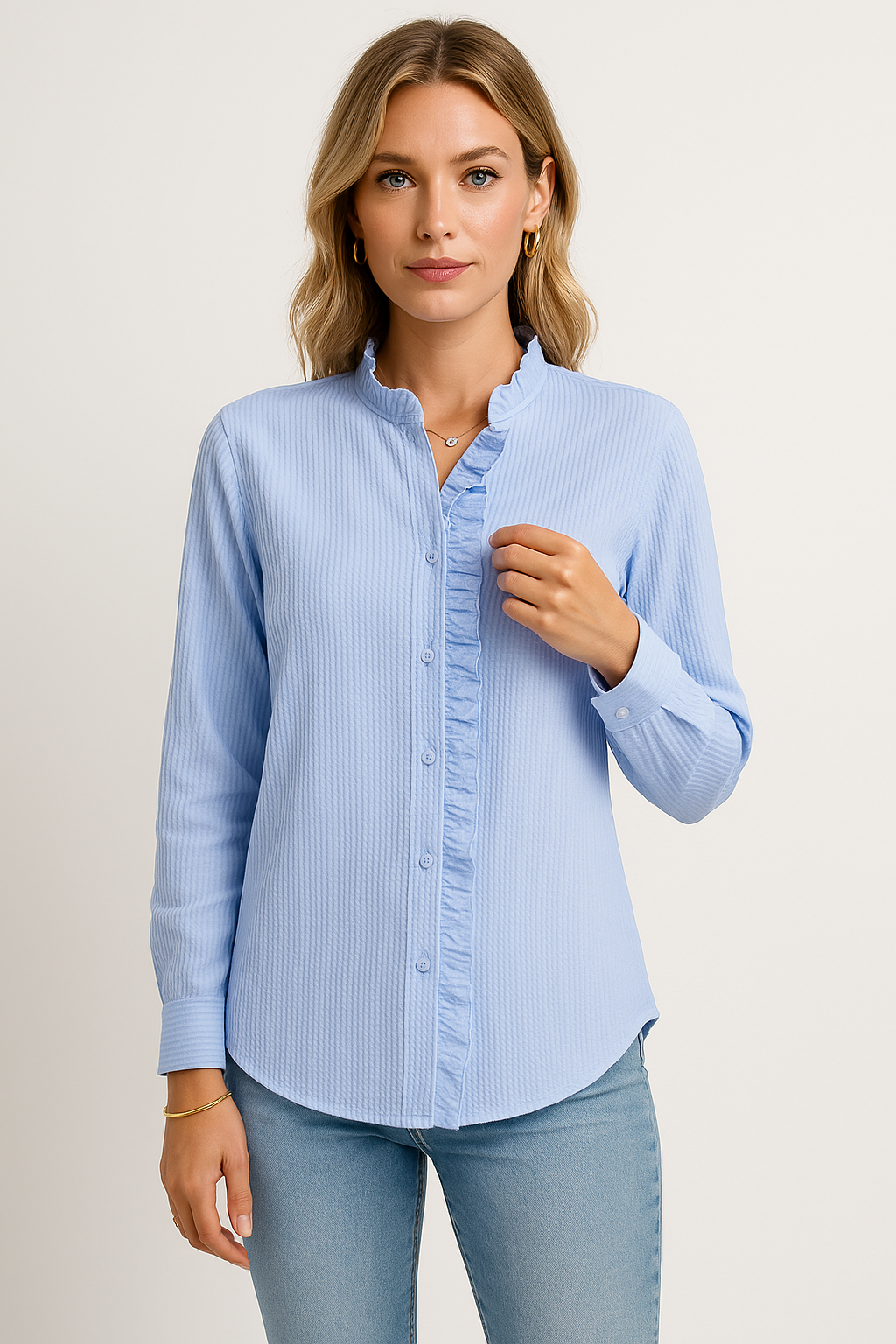 Blouse femme – Coupe ample – Manches longues – Boutons et volants