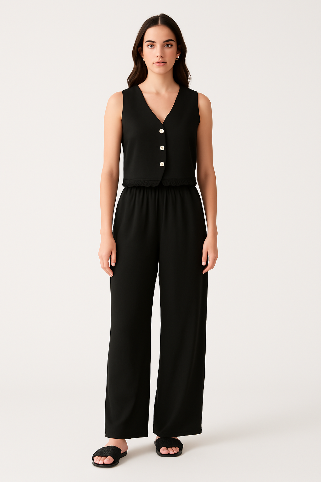 Women's Set Vest and Wide Pants – Fitted Cut – Soft Breathable Fabric – Lace Trims