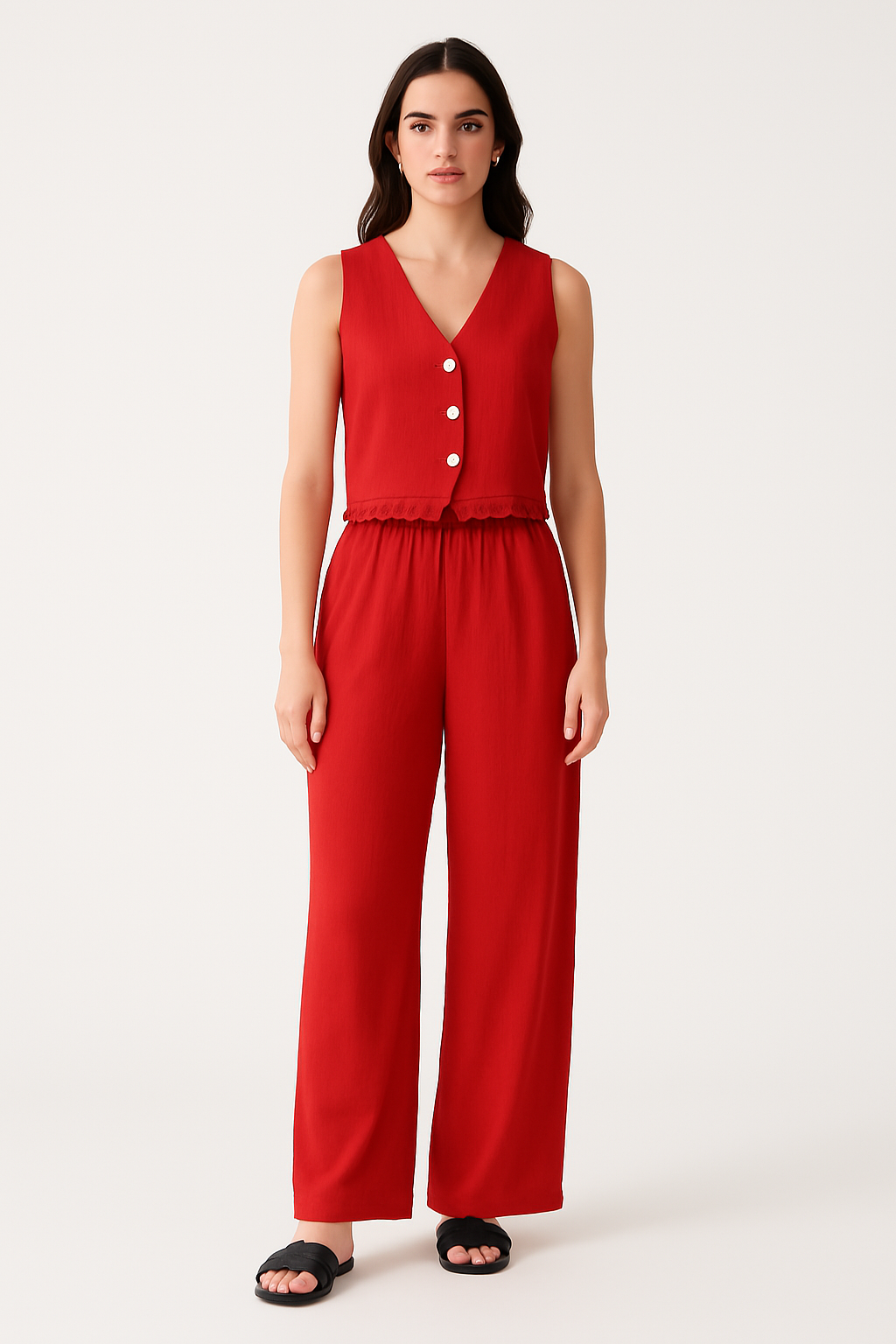 Women's Set Vest and Wide Pants – Fitted Cut – Soft Breathable Fabric – Lace Trims