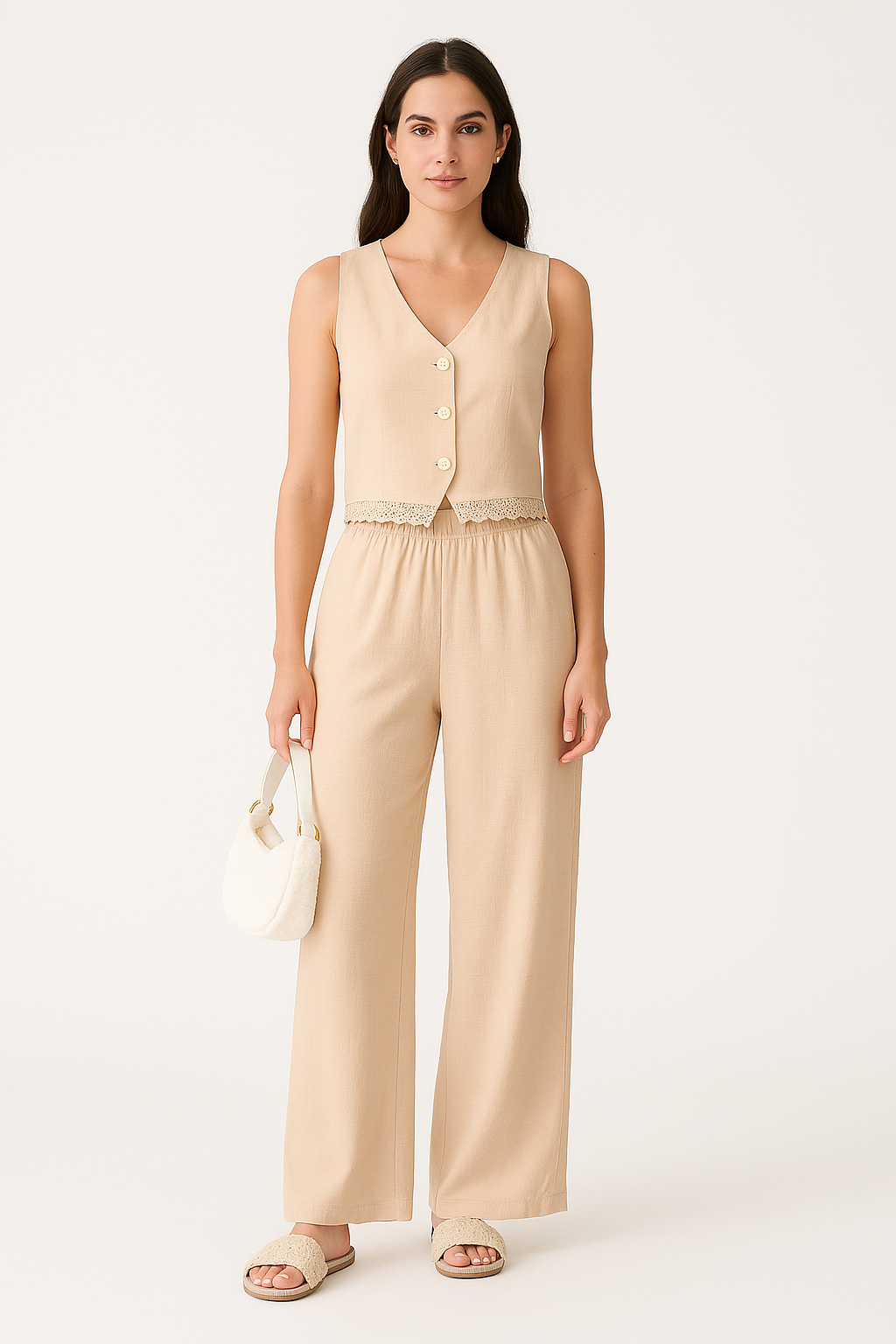 Women's Set Vest and Wide Pants – Fitted Cut – Soft Breathable Fabric – Lace Trims