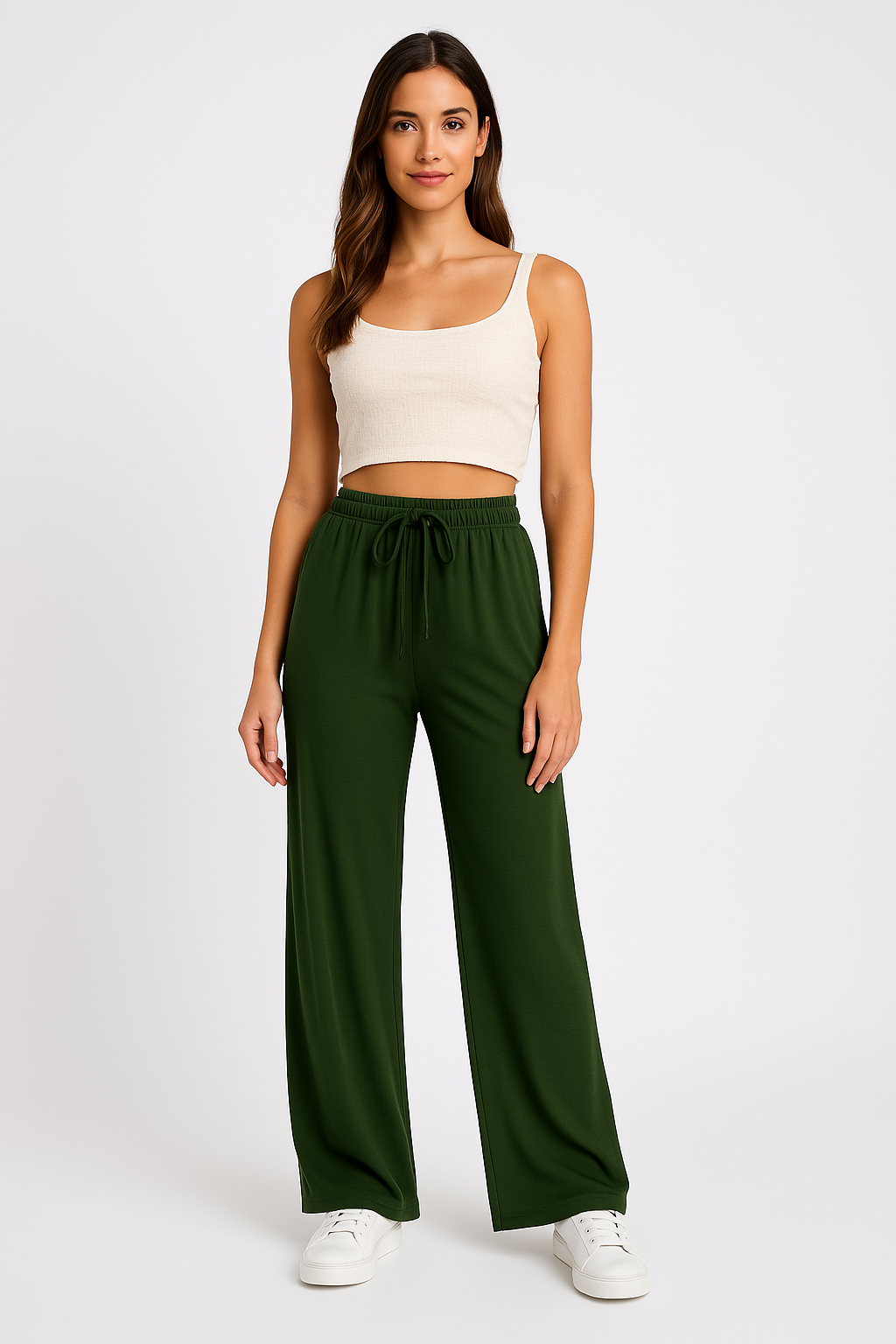 Pantalon large femme – Coupe décontractée – Taille élastique avec cordon – Longueur totale