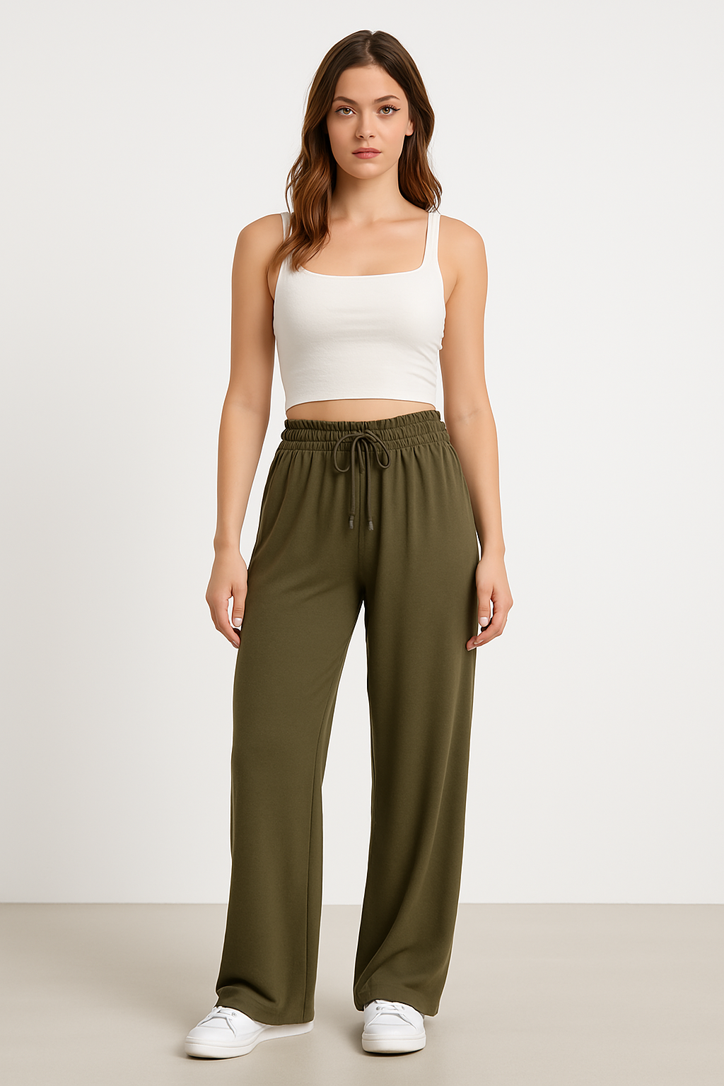 Pantalon large femme – Coupe décontractée – Taille élastique avec cordon – Longueur totale