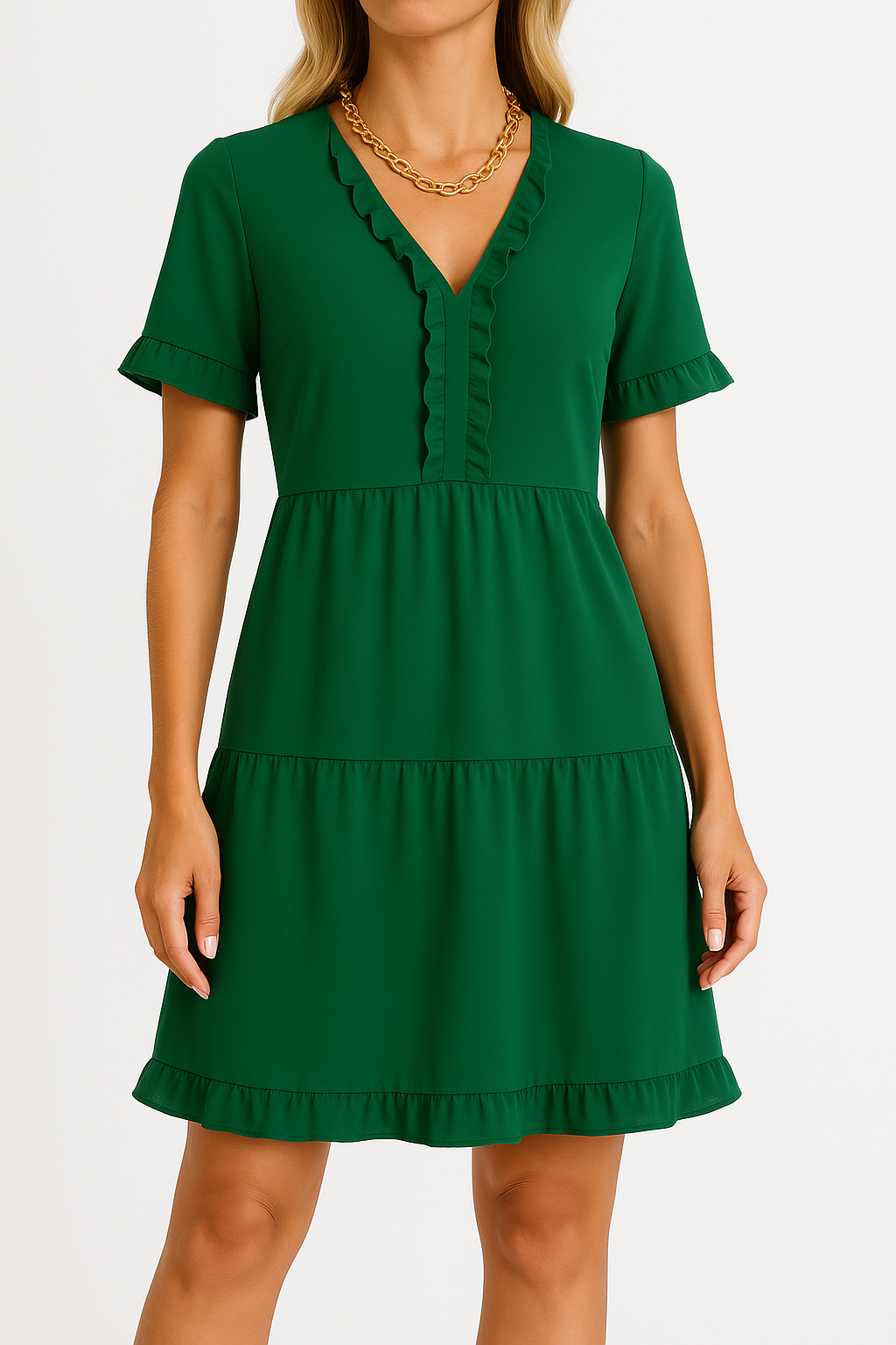 Robe trapèze femme – Col en V – Volants – Coupe ample – Manches courtes – Tiers