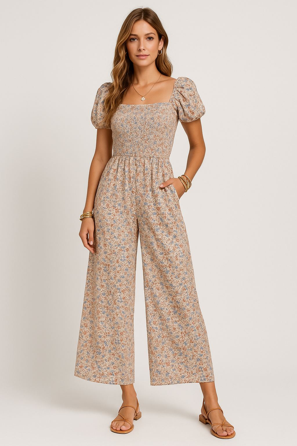 Women's Jumpsuit – Smocked Bodice – Puff Sleeves – Wide Leg – Floral Print