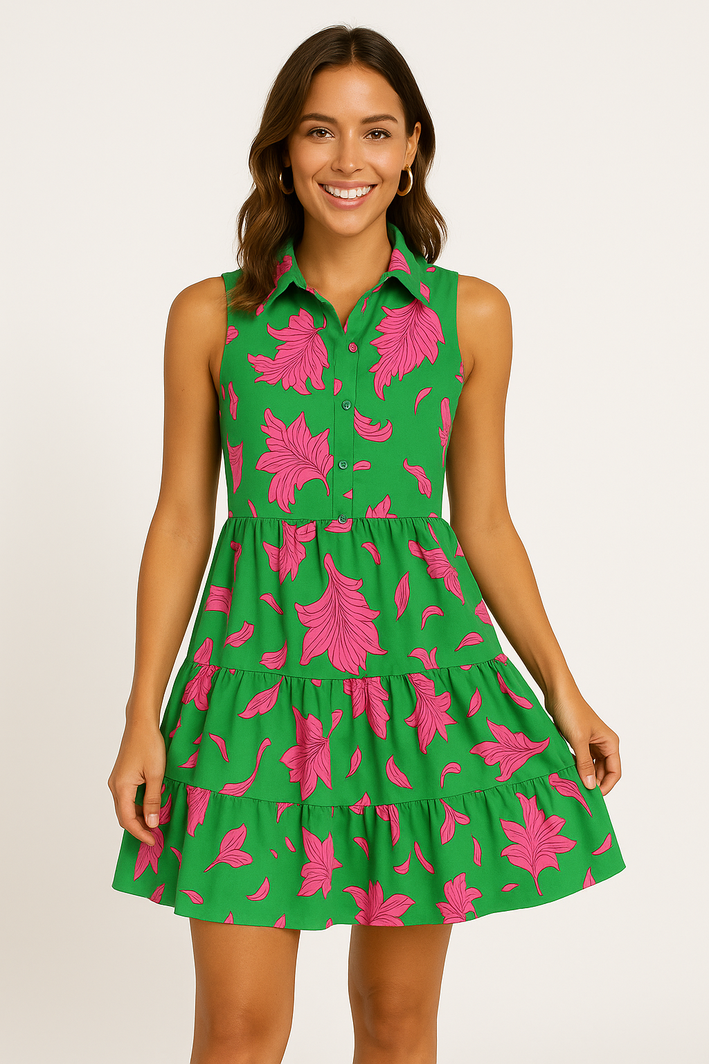 Robe courte femme – Coupe évasée – Sans manches – Boutonnée – Imprimé fleuri
