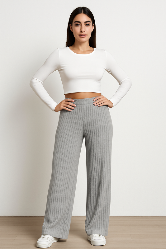 Wide women's pants – High waist – Ribbed knit – Loose fit – Full length
