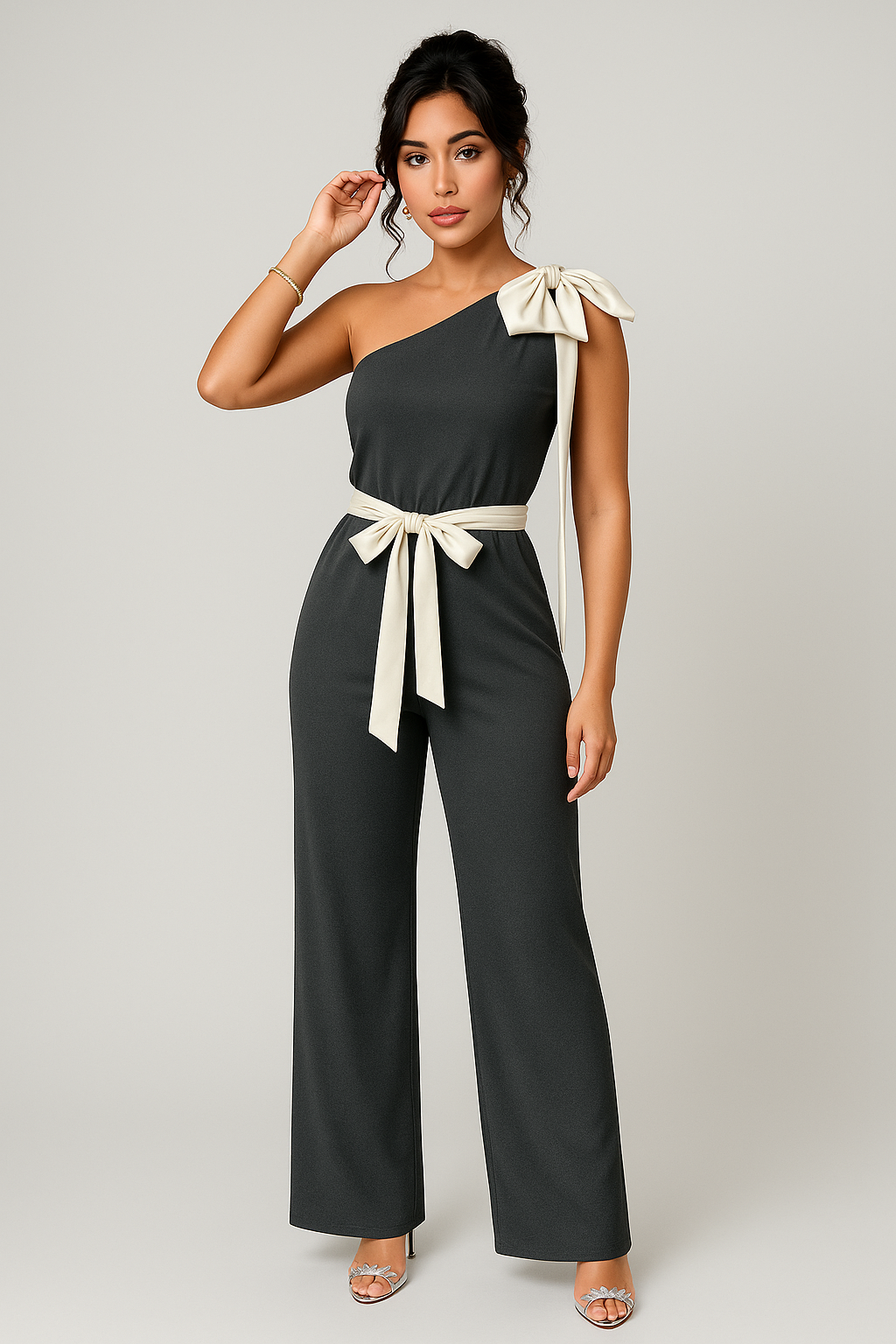 Women's jumpsuit – Fitted cut – Fluid satin – Off-the-shoulder with elegant bow