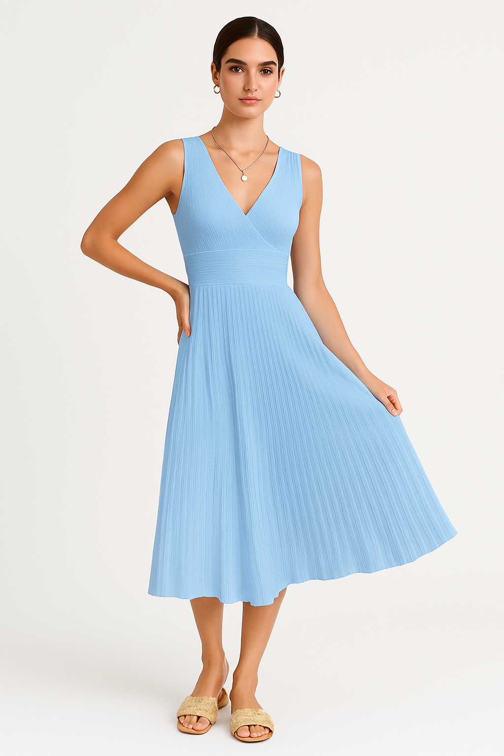 Robe midi femme – Encolure en V – Sans manches – Taille haute – Coupe évasée plissée