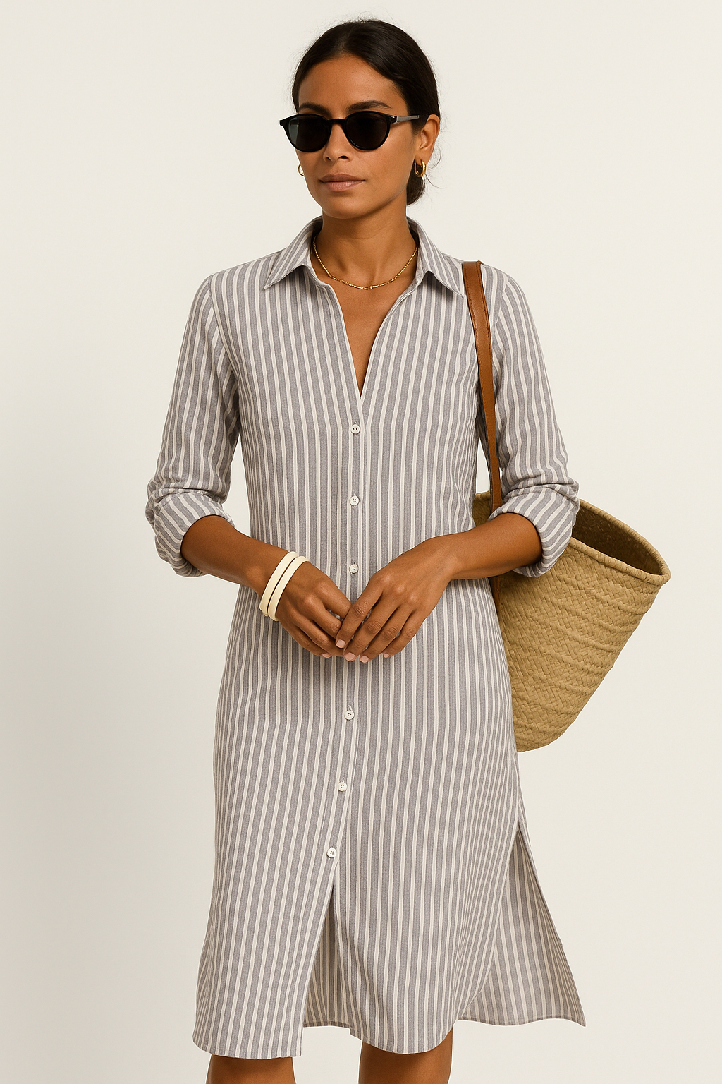 Women's Shirt Dress – Straight Cut – Buttoned – Midi Length – Breathable Fabric