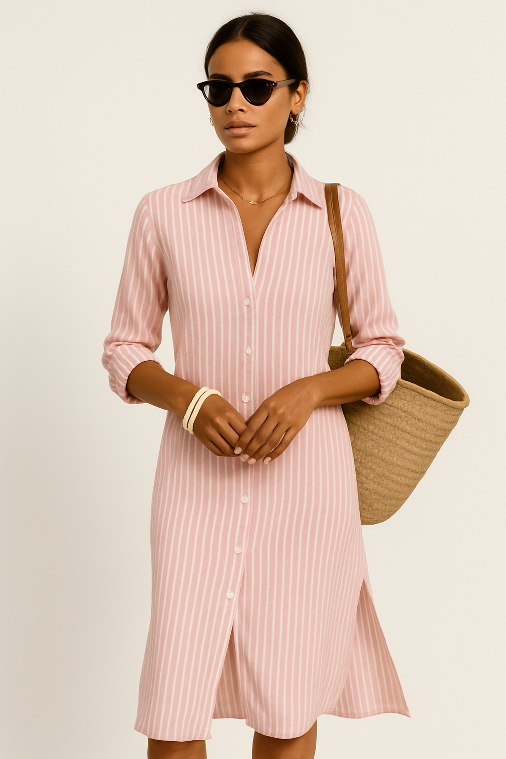 Women's Shirt Dress – Straight Cut – Buttoned – Midi Length – Breathable Fabric
