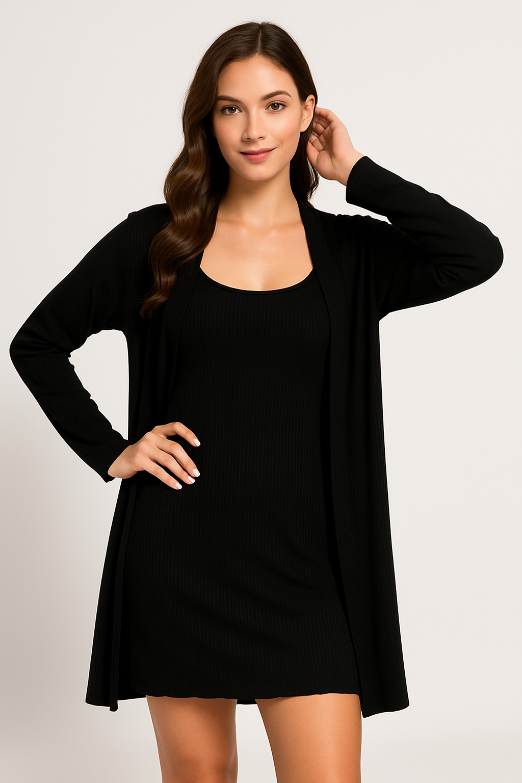 Ensemble Loungewear Femme – Maille Côtelée Douce – Robe Ajustée et Peignoir Ample