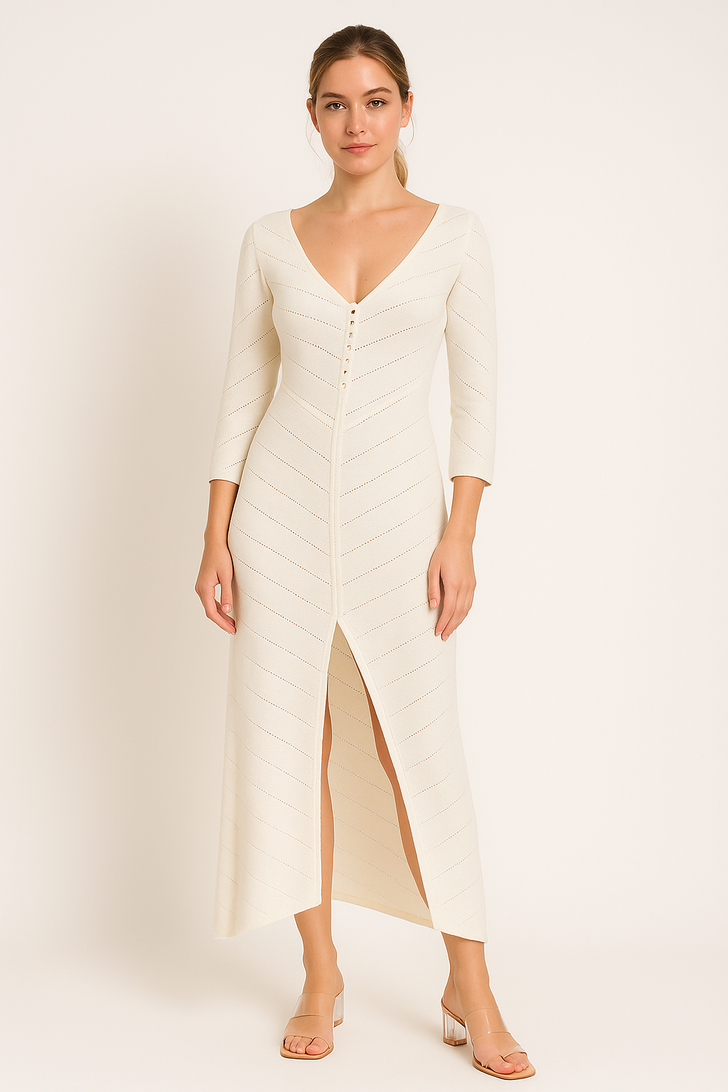 Robe longue femme – Maille douce – Coupe ajustée – Col en V – Fente haute – Manches longues ajourées