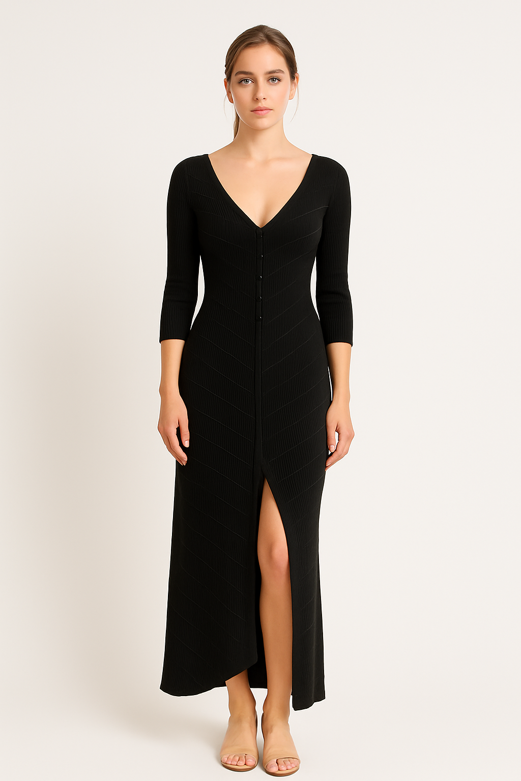 Robe longue femme – Maille douce – Coupe ajustée – Col en V – Fente haute – Manches longues ajourées