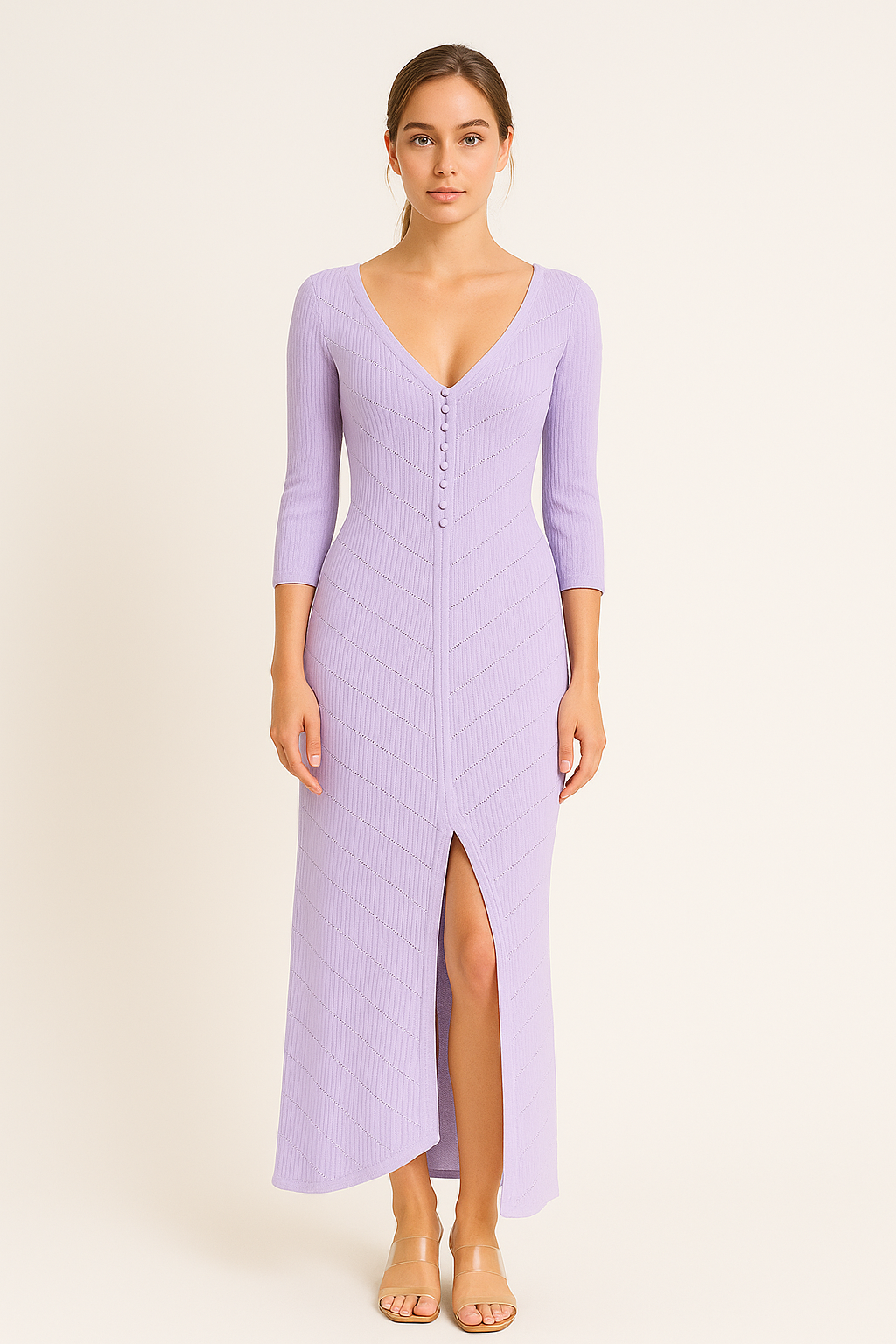 Robe longue femme – Maille douce – Coupe ajustée – Col en V – Fente haute – Manches longues ajourées