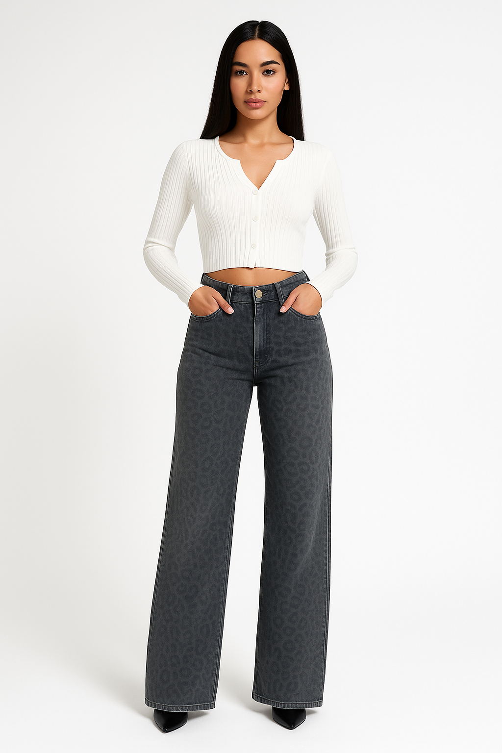 Jean femme – Taille haute – Coupe droite – Imprimé tendance – Denim stretch
