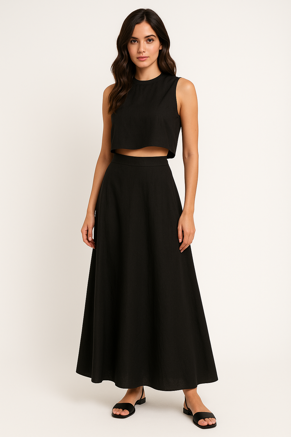 Women's Two-Piece Set – Loose Cropped Top – High Waist Midi Skirt – Breathable Fabric