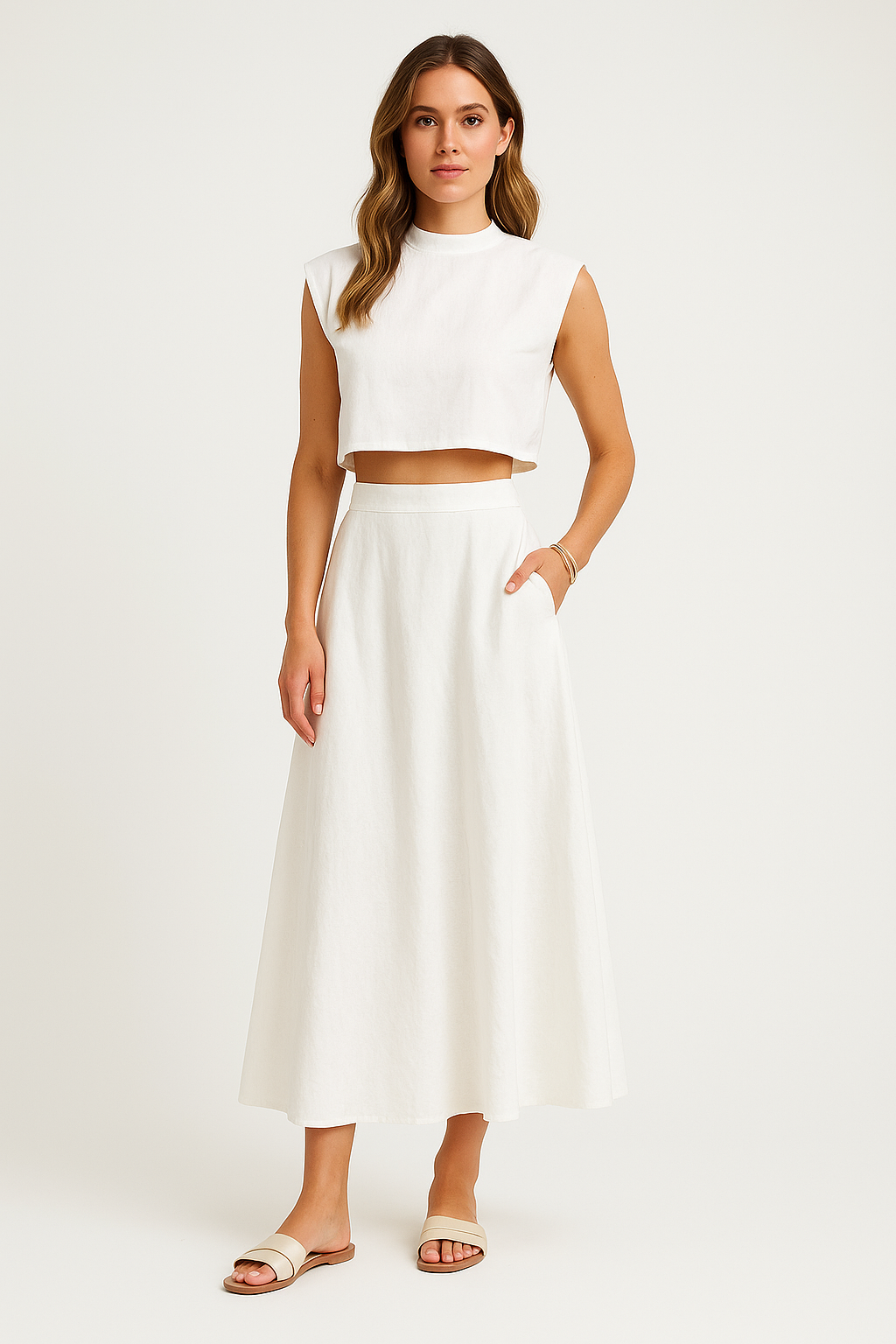Women's Two-Piece Set – Loose Cropped Top – High Waist Midi Skirt – Breathable Fabric