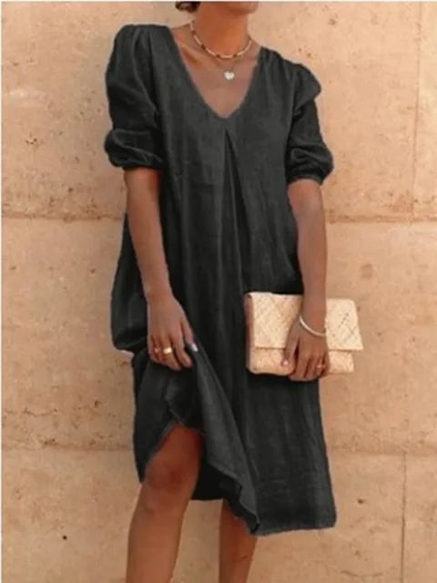 Women's midi dress – Relaxed fit – V-neck – Ruched sleeves – Breathable fabric