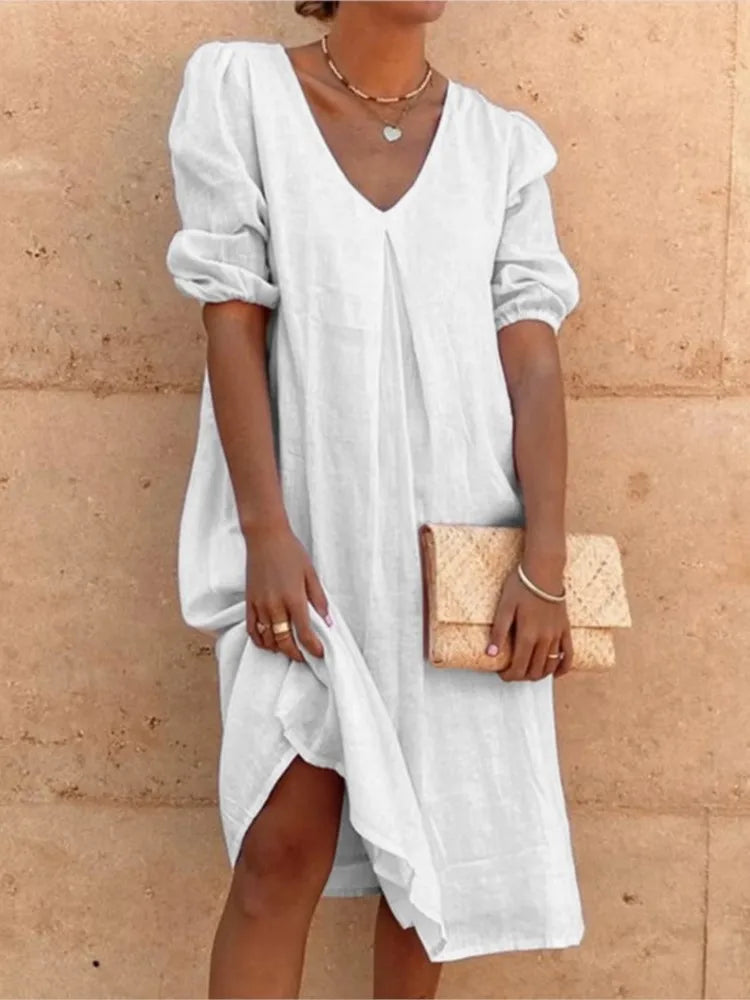 Women's midi dress – Relaxed fit – V-neck – Ruched sleeves – Breathable fabric