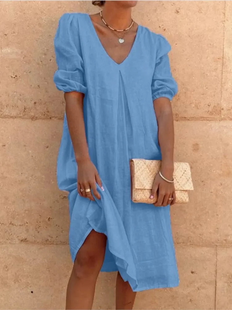 Women's midi dress – Relaxed fit – V-neck – Ruched sleeves – Breathable fabric