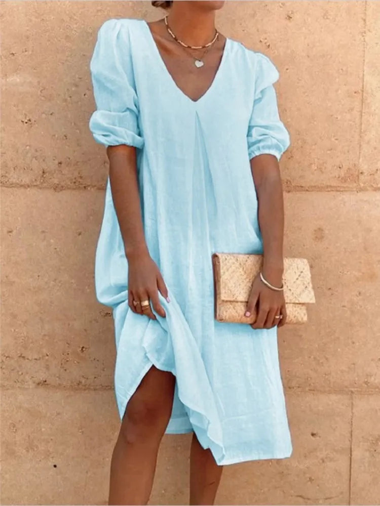 Women's midi dress – Relaxed fit – V-neck – Ruched sleeves – Breathable fabric