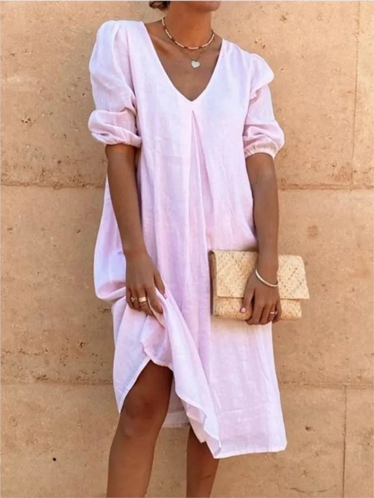 Women's midi dress – Relaxed fit – V-neck – Ruched sleeves – Breathable fabric
