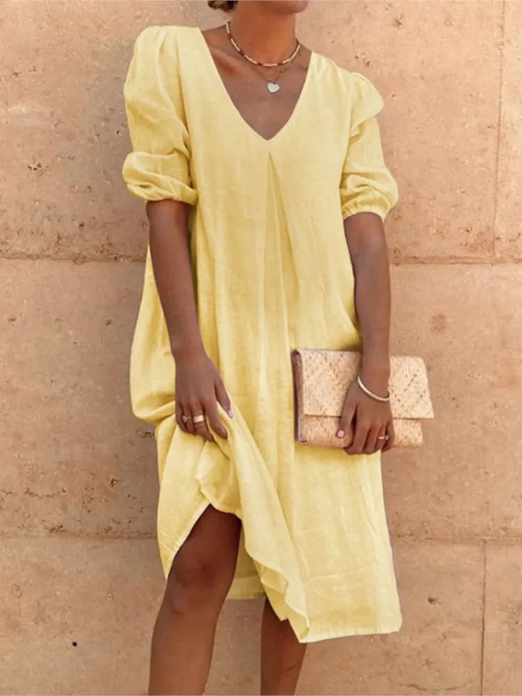 Women's midi dress – Relaxed fit – V-neck – Ruched sleeves – Breathable fabric