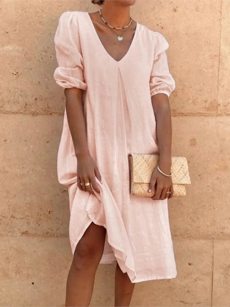 Women's midi dress – Relaxed fit – V-neck – Ruched sleeves – Breathable fabric