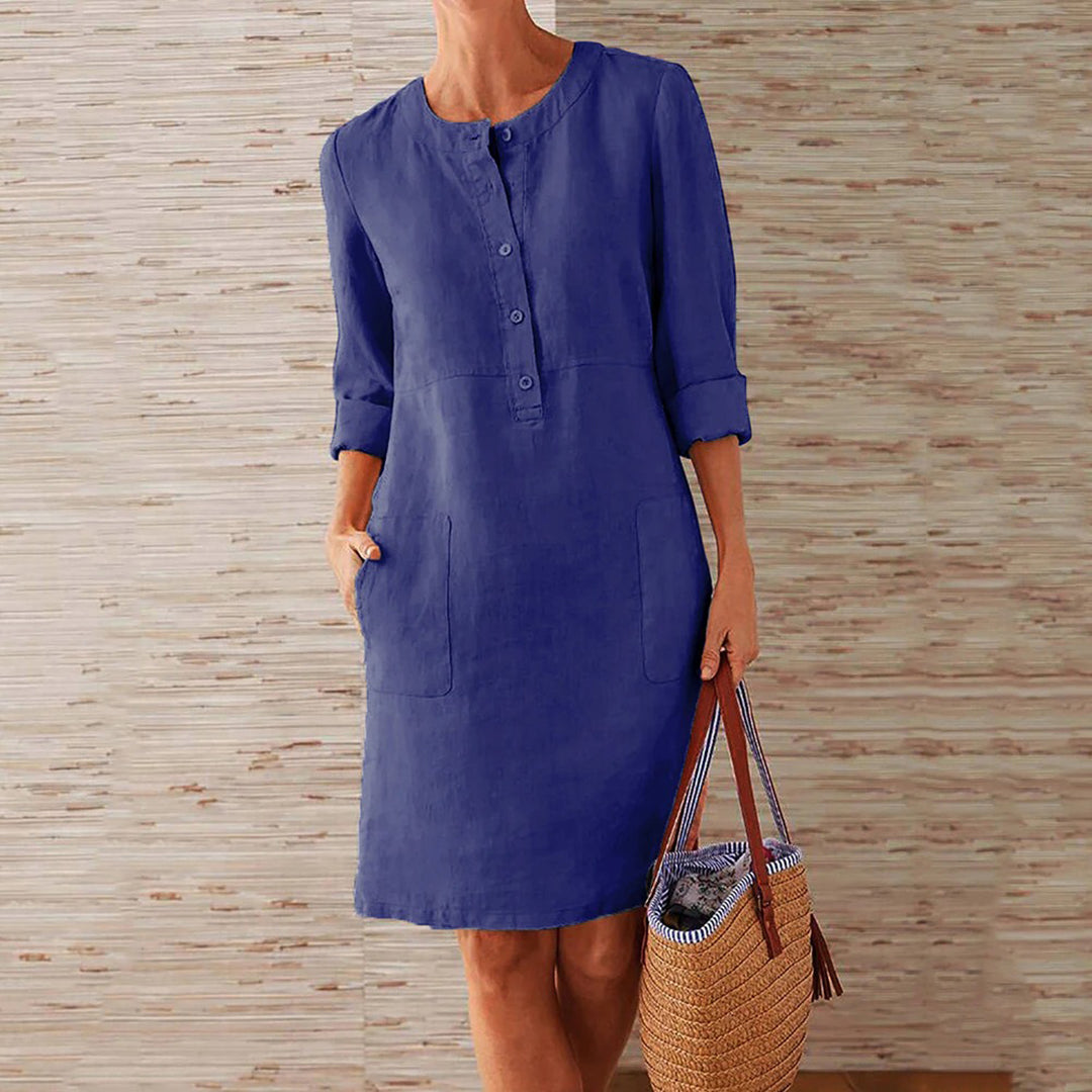 Robe femme – Coupe décontractée – Linnen – Manches 3/4 – Boutonnée – Poches