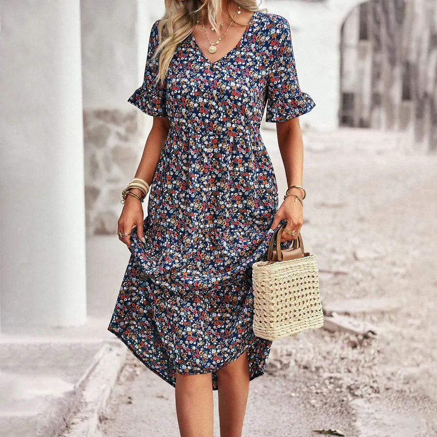 Women's midi dress – Flowing cut – Breathable fabric – Butterfly sleeves – V-neck