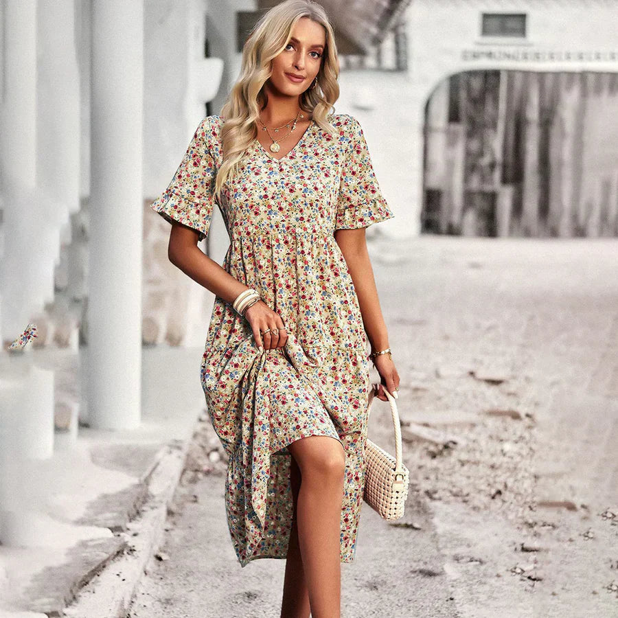 Women's midi dress – Flowing cut – Breathable fabric – Butterfly sleeves – V-neck
