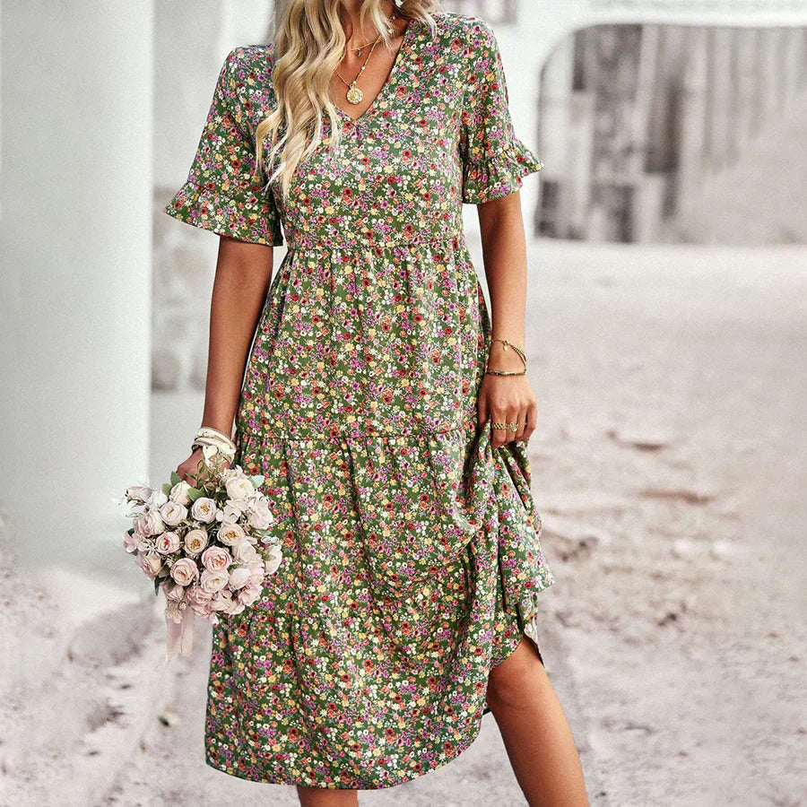Women's midi dress – Flowing cut – Breathable fabric – Butterfly sleeves – V-neck