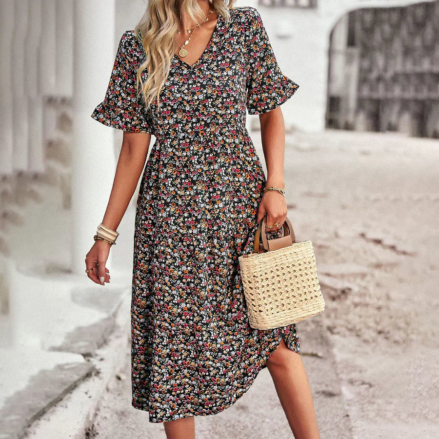 Women's midi dress – Flowing cut – Breathable fabric – Butterfly sleeves – V-neck