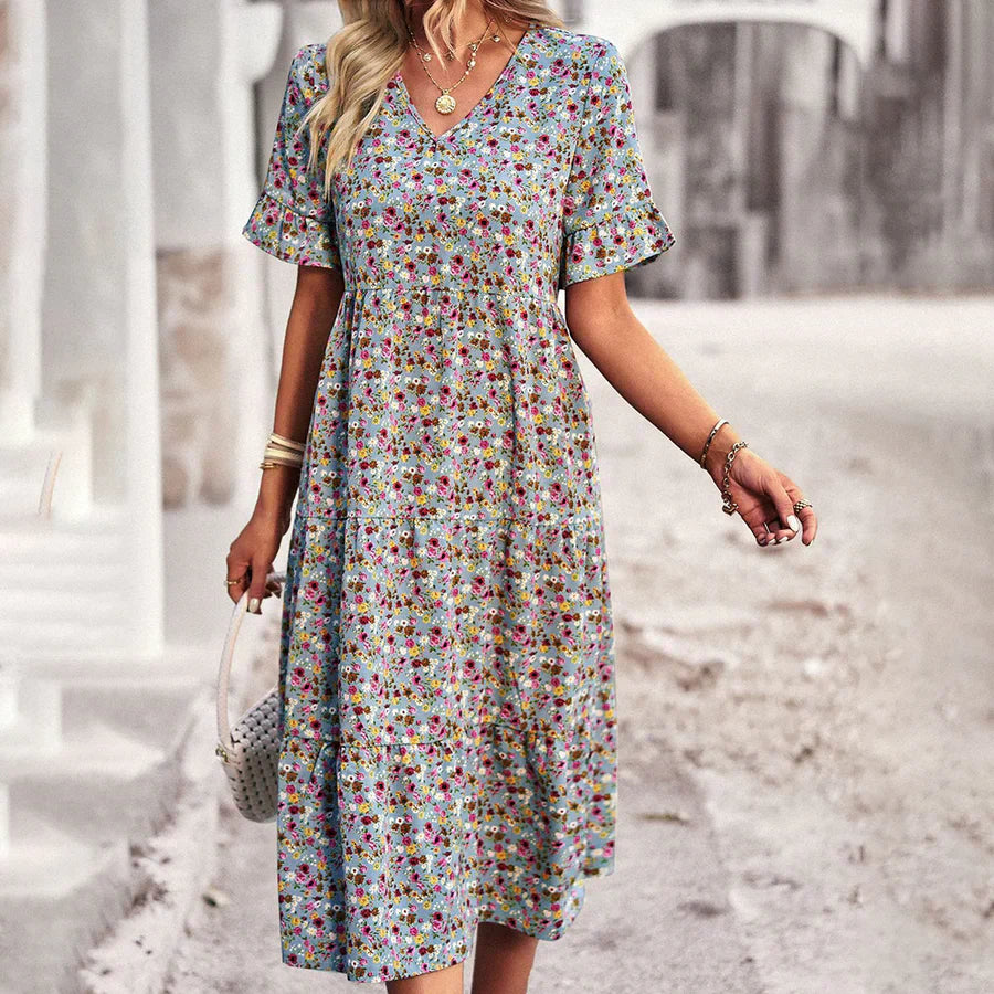 Women's midi dress – Flowing cut – Breathable fabric – Butterfly sleeves – V-neck