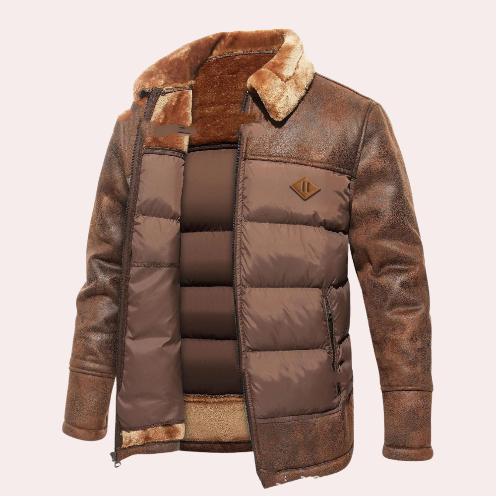 Men's Down Jacket - Distressed Faux Leather - Straight Fit - Hip Length