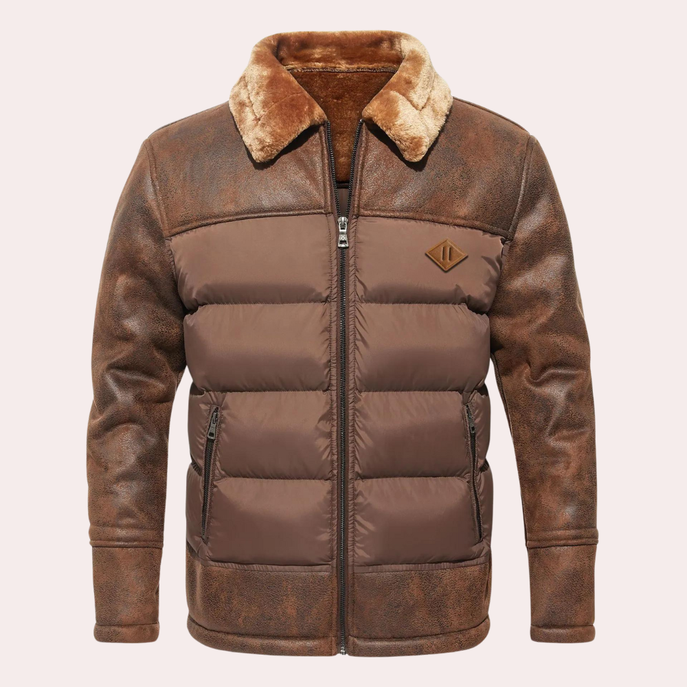 Men's Down Jacket - Distressed Faux Leather - Straight Fit - Hip Length