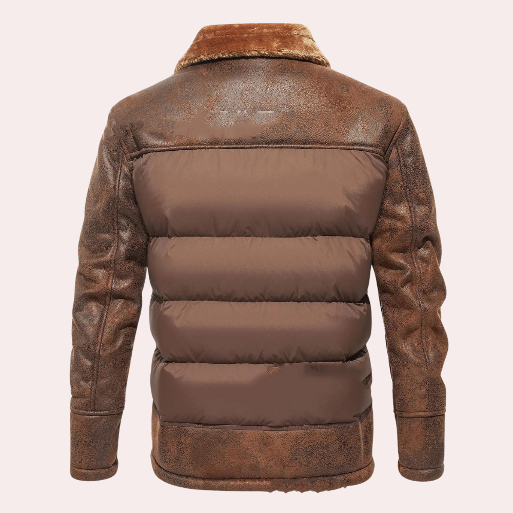 Men's Down Jacket - Distressed Faux Leather - Straight Fit - Hip Length