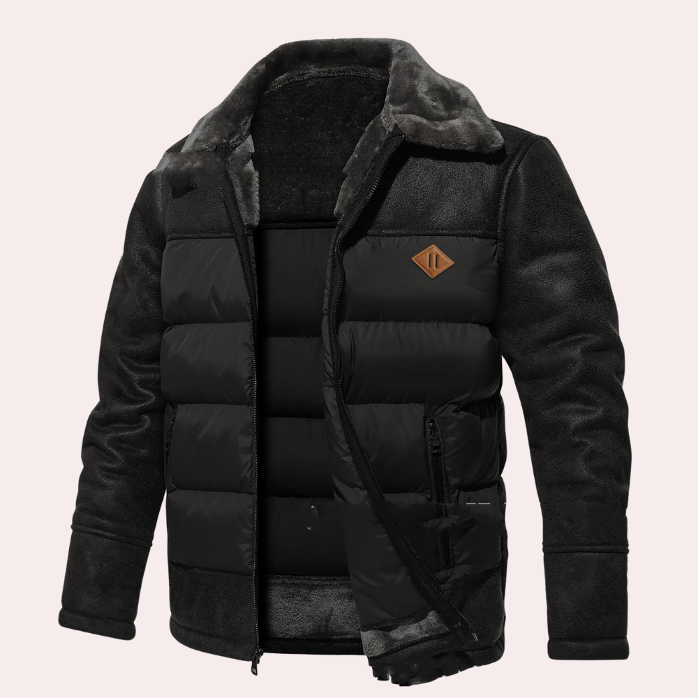 Men's Down Jacket - Distressed Faux Leather - Straight Fit - Hip Length