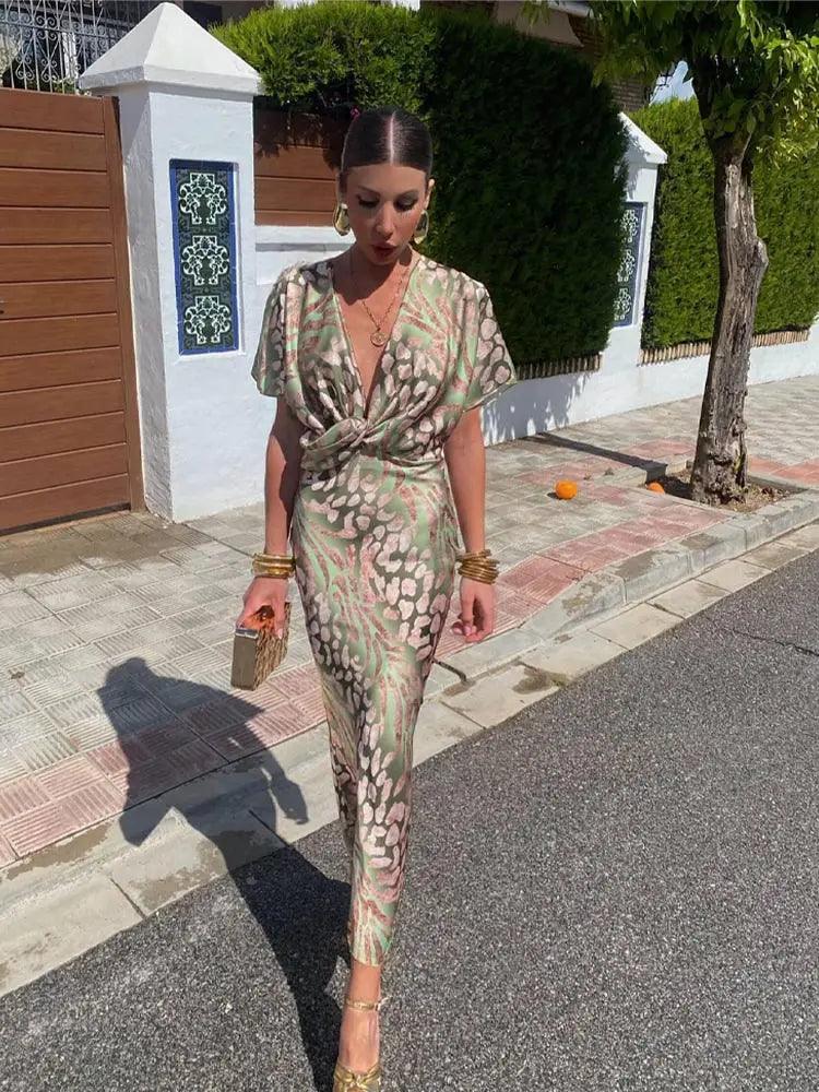 Robe midi femme – Encolure en V – Manches courtes – Coupe ajustée fluide fleurie
