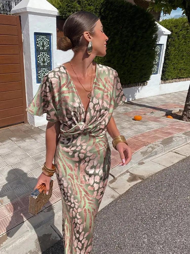 Robe midi femme – Encolure en V – Manches courtes – Coupe ajustée fluide fleurie