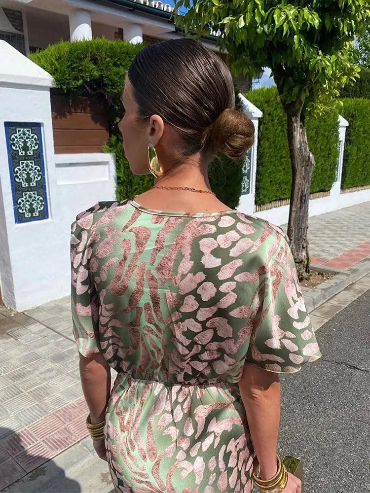 Robe midi femme – Encolure en V – Manches courtes – Coupe ajustée fluide fleurie