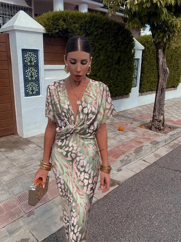 Robe midi femme – Encolure en V – Manches courtes – Coupe ajustée fluide fleurie