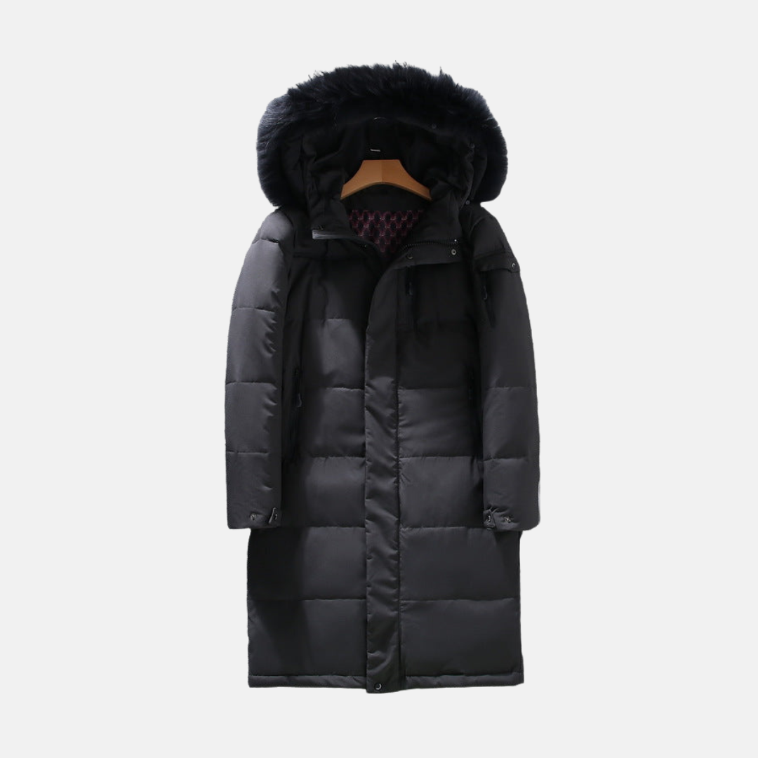 Men's Long Puffer Coat - Woven Fabric - Relaxed Fit - Stand Collar With Fur-Lined Hood - Mid-Thigh Length