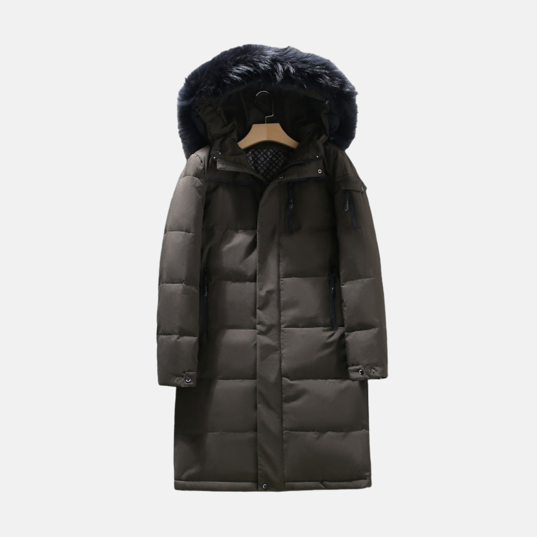 Men's Long Puffer Coat - Woven Fabric - Relaxed Fit - Stand Collar With Fur-Lined Hood - Mid-Thigh Length