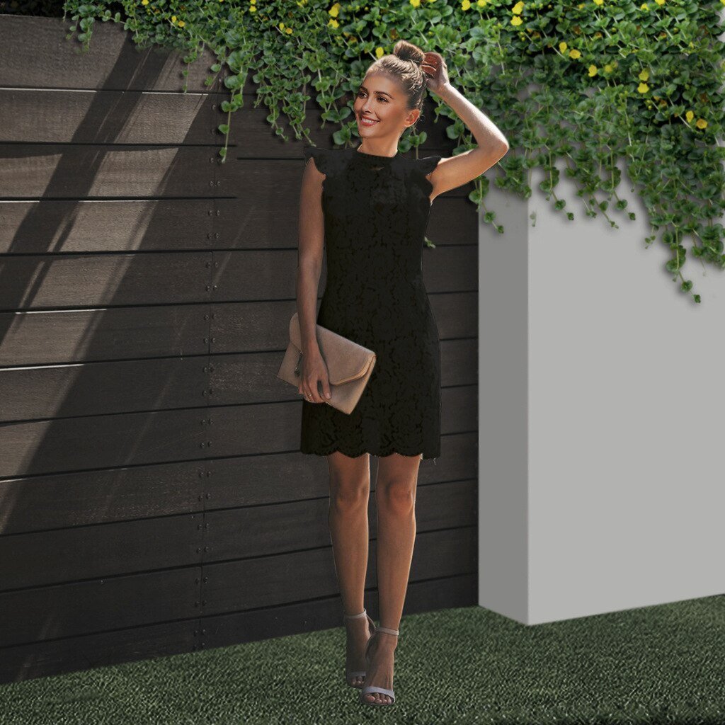 Robe femme en dentelle – Coupe slim – Mini – Col montant – Manches courtes