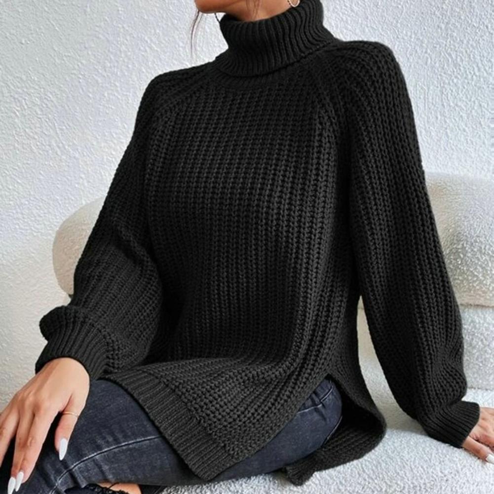 Pull femme à col roulé – Maille côtelée – Coupe ample – Manches longues confortables