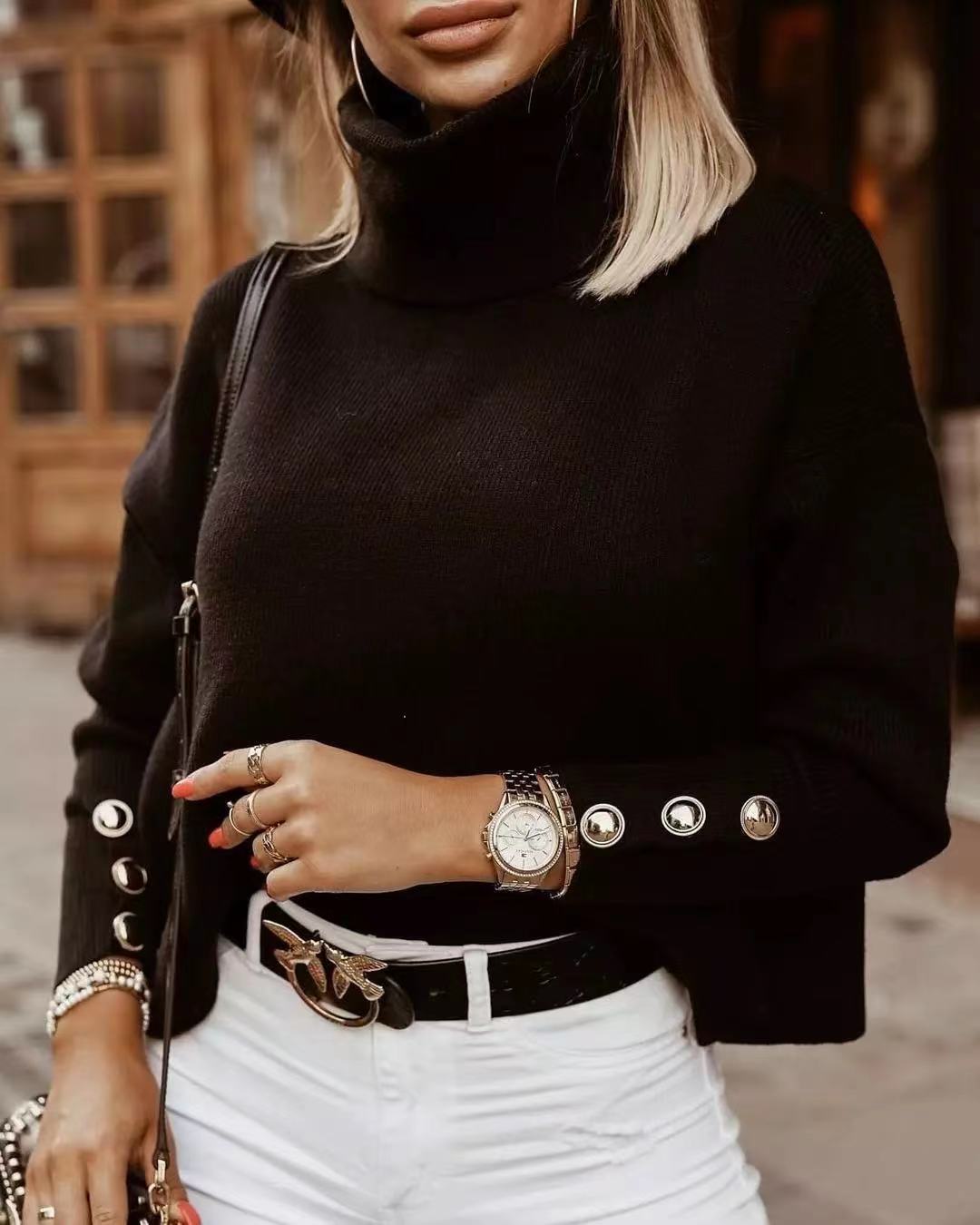 Pull femme col roulé – Coupe décontractée – Maille fine en laine – Manches à boutons