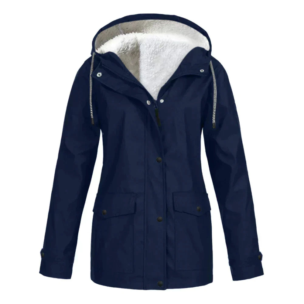 Veste imperméable femme – Coupe droite – Doublure chaude – Capuche ajustable – Mi-longue